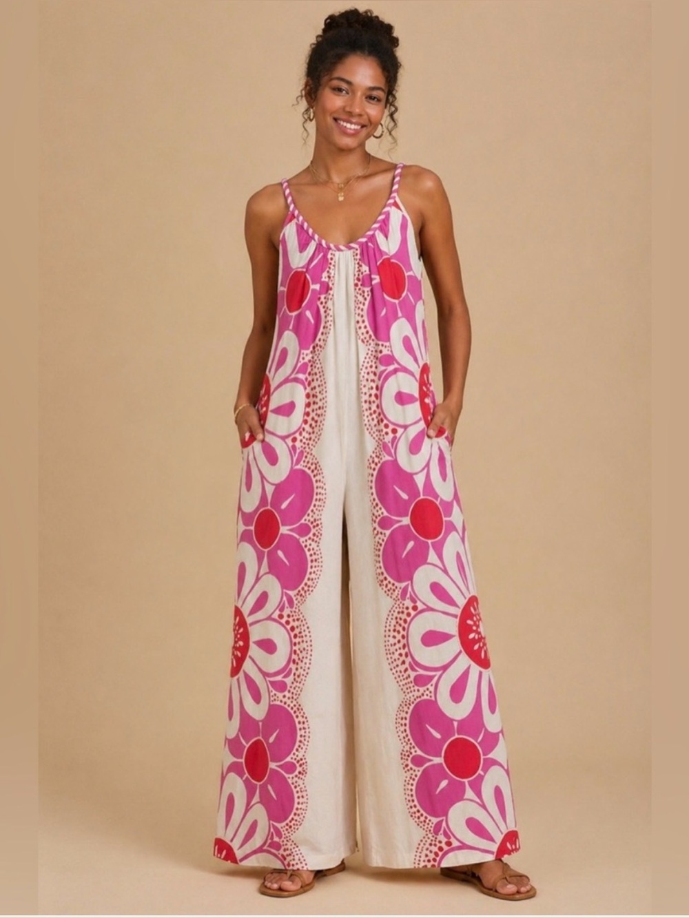 FARM Rio Maia Floral Linen Blend Wide Leg Jumpsuit Pink Boho Pockets Cord Sz M